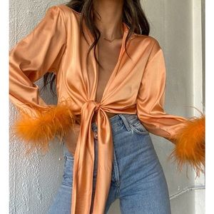 Feather Trim Long Sleeve Top